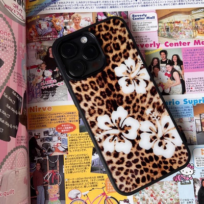 原创豹纹白色扶桑花亚克力黑边适用苹果15手机壳iPhone14ProMax13Pro12保护套11XsMax防摔ins风16小米华为