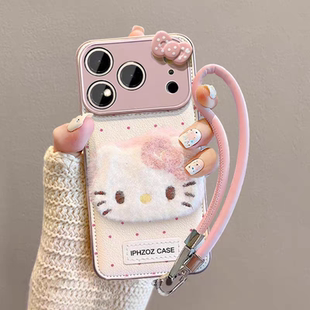 kt猫皮质手机壳适用苹果17ProMax手机壳iPhone16小米15带手绳opporeno14防摔vivox300华为P70荣耀x60红米K80