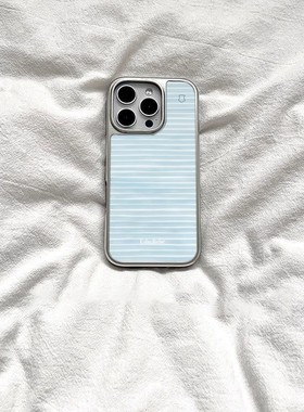 ins创意个性蓝色条纹电镀银磁吸适用苹果iPhone16promax手机壳1312pro小米1415Pro华为mate60p70三星S23防摔