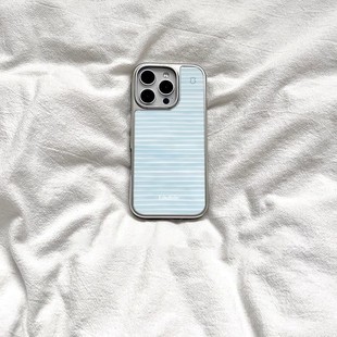 ins创意个性 蓝色条纹电镀银磁吸适用苹果iPhone16promax手机壳1312pro小米1415Pro华为mate60p70三星S23防摔