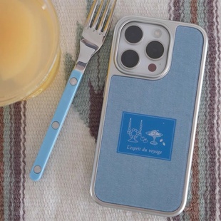 ins复古牛仔纹印花磁吸电镀银边软壳适用于苹果13手机壳iPhone16promax亚克力1112小米1415pro华为mate60P70