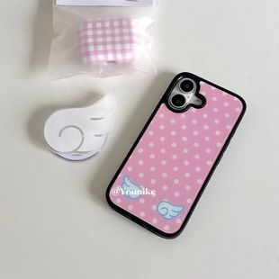 ins少女粉色波点翅膀亚克力黑边适用苹果iPhone16promax手机壳1312pro小米1415Pro华为mate60p70三星S23防摔