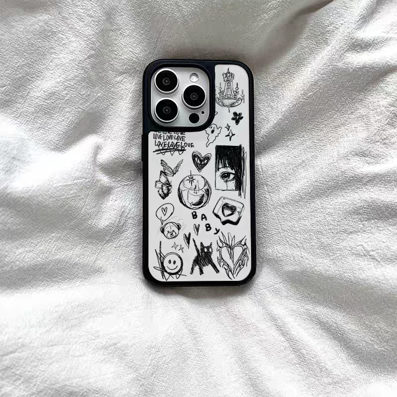 复古涂鸦猫咪亚克力黑边磁吸适用苹果iPhone16promax手机壳1315pro小米14Pro保护套华为mate6070防摔三星S23