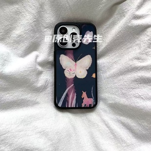 静谧黑夜蝴蝶原创亚克力黑边磁吸适用苹果iPhone16promax手机壳1312pro小米1415Pro华为mate60p70三星S23防摔