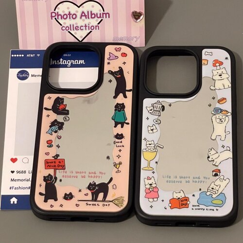 ins黑猫狗狗镜面适用于苹果16promax手机壳iphone16/15/14/13/12/11新品高级感全包防摔小众磁吸15plus玻璃壳