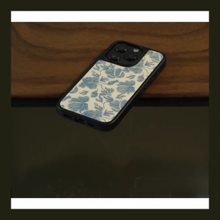 小众清新气质蓝花亚克力黑边磁吸适用苹果iPhone16promax手机壳1312pro小米1415Pro华为mate60p70三星S23防摔