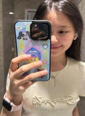 原创创意个性蓝色小屋子动物亚克力黑边亮面磨砂适用苹果16promax手机壳iPhone15lus14Pro13保护套12防摔ins