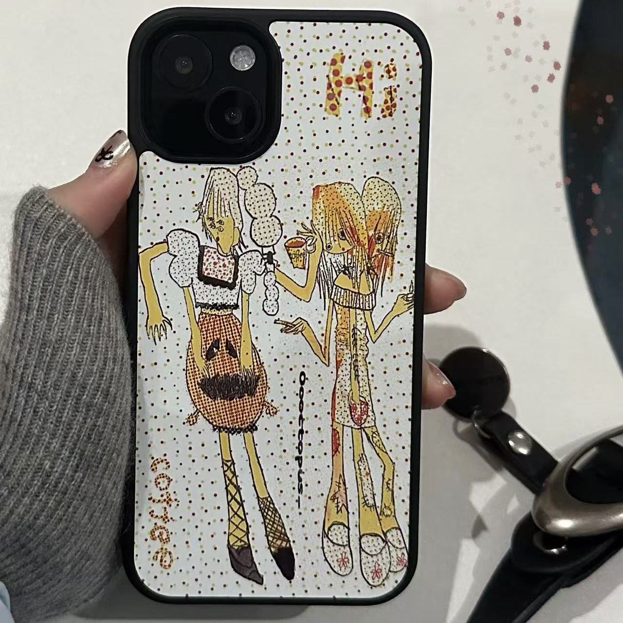 欧美涂鸦女孩原创亚克力黑边磁吸适用苹果iPhone16promax手机壳1315pro小米14Pro华为mate60p70三星S23防摔