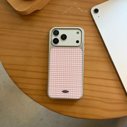 ins风韩系简约粉格子电镀银磁吸适用苹果iPhone17promax手机壳1615pro小米1415Pro华为mate60p70三星S23防摔