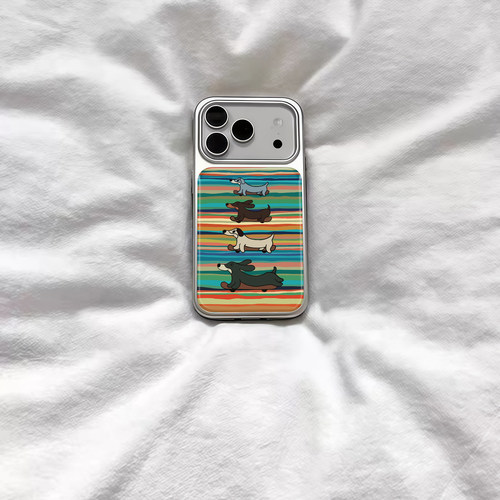 ins复古条纹小腊肠狗电镀银磁吸适用苹果iPhone17promax手机壳1615pro小米1415Pro华为mate60p70三星S23防摔
