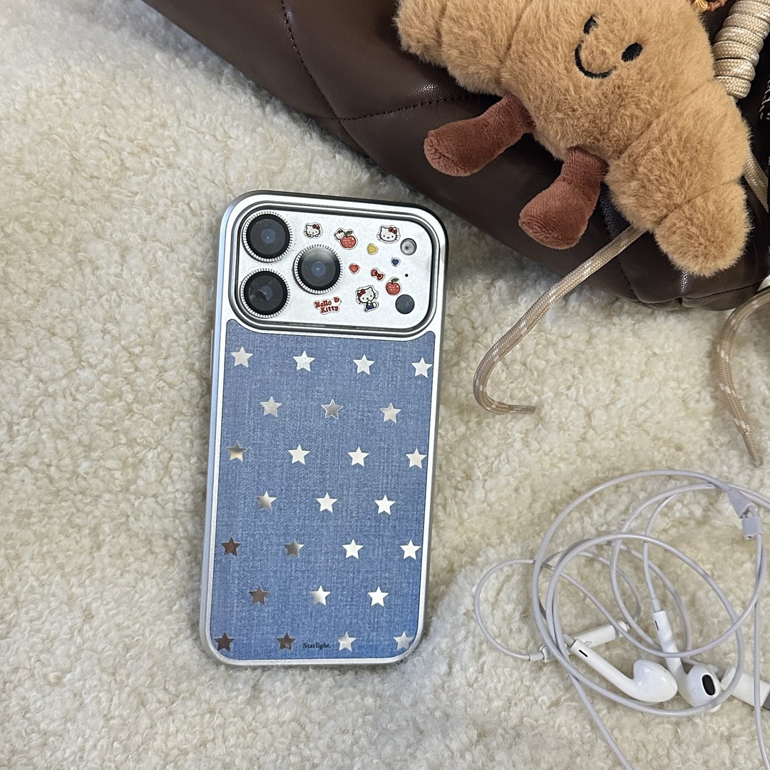 ins牛仔纹印花星星银边镜面手机壳适用苹果iPhone17promax高级感保护套小众16plus亮面15pro14防摔简约13pro