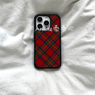 ins风复古格纹亚克力黑边磁吸适用苹果iPhone16promax手机壳1315pro小米14Pro保护套华为mate6070防摔三星S23