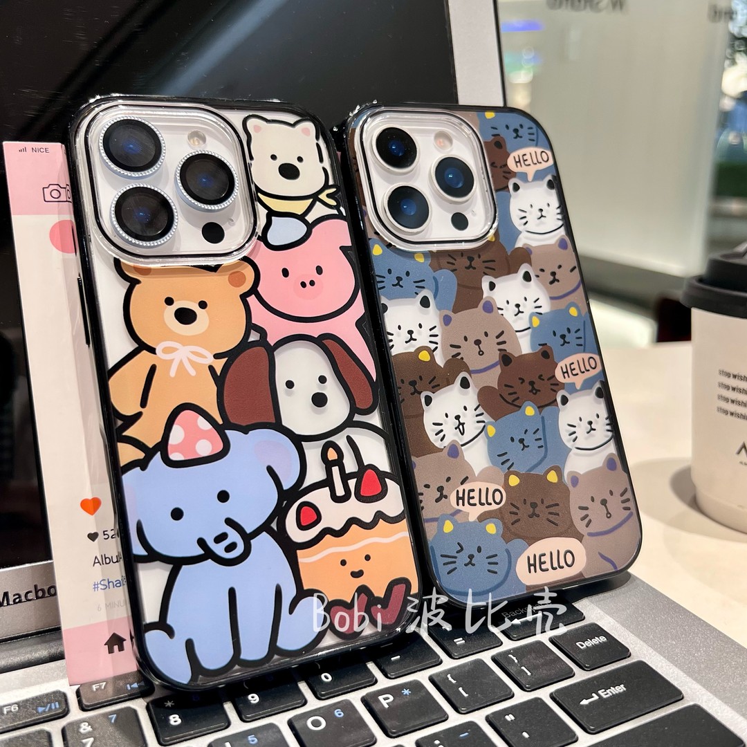 ins可爱卡通小动物适用苹果16promax手机壳iPhone15/14Pro/13防摔黑框亚克力透明保护套ins可爱12高级感磨砂