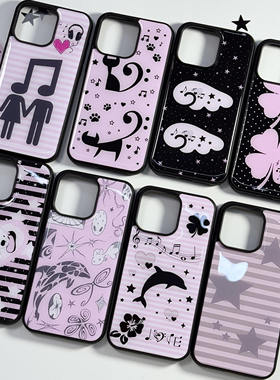 卡通海豚合集ins亚克力黑边软壳适用苹果iPhone16promax手机壳1312pro小米1415Pro华为mate60p70三星S23防摔