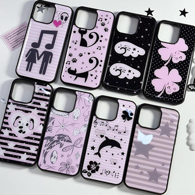 卡通海豚合集ins亚克力黑边软壳适用苹果iPhone16promax手机壳1312pro小米1415Pro华为mate60p70三星S23防摔