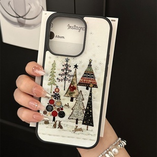 圣诞油画小兔亚克力黑边磁吸适用苹果iPhone16promax手机壳1315pro小米14Pro保护套华为mate60p70防摔三星S23