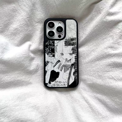 原创个性黑白漫画少女ins亚克力黑边亮面磨砂适用苹果16promax手机壳iPhone15lus14Pro13保护套12防摔ins11