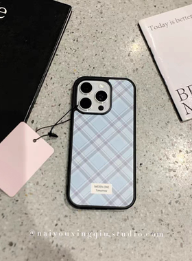 蓝色菱格个性原创亚克力黑边磁吸适用苹果iPhone16promax手机壳1315pro小米14Pro华为mate60p70三星S23防摔