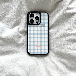 ins简约格子英文亚克力黑边磁吸适用苹果iPhone16promax手机壳1312pro小米1415Pro华为mate60p70三星S23防摔