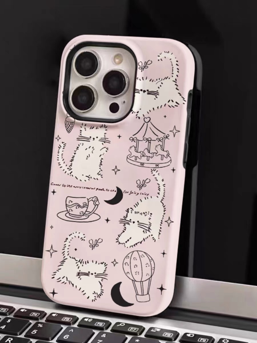 原创个性卡通可爱猫咪菲林硬壳二合一适用苹果15promax手机壳iPhone14pro/13防摔12 硬壳少女保护壳11xrxsmax
