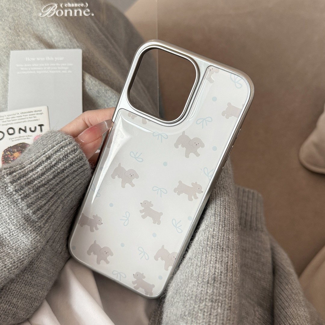 ins可爱小狗蝴蝶结银边滴胶手机壳适用苹果iPhone17promax高级感保护套小众16plus亮面15pro14防摔简约13pro