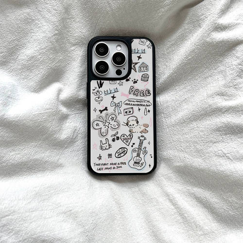 原创个性ins风涂鸦猫咪亚克力黑边亮面磨砂适用苹果16手机壳iPhone15ProMax14Pro1312mini保护套11防摔ins
