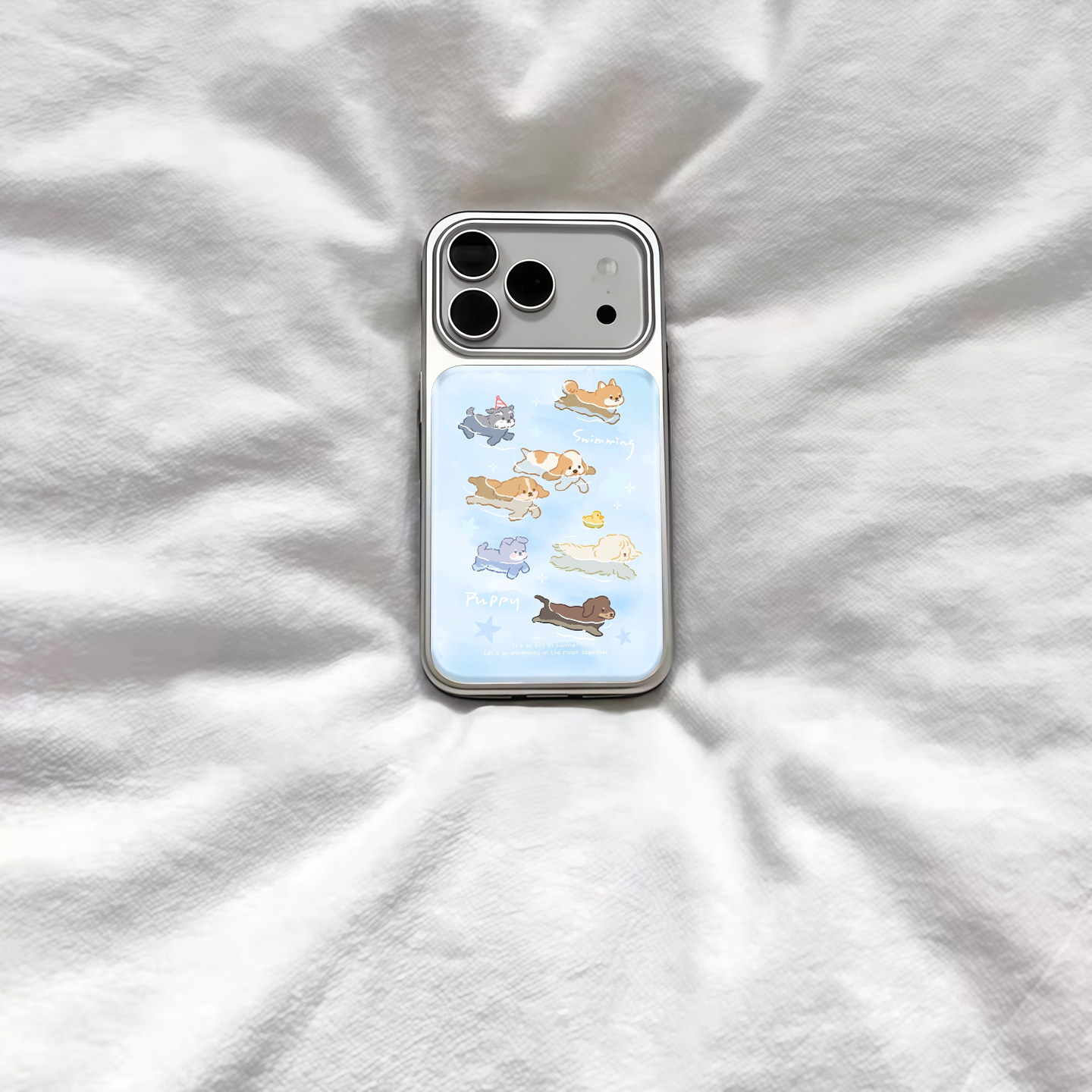 ins复古可爱游泳小狗电镀银磁吸适用苹果iPhone17promax手机壳1615pro小米1415Pro华为mate60p70三星S23防摔