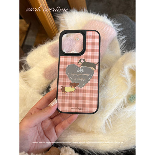 格纹腊肠印花原创亚克力黑边磁吸适用苹果iPhone16promax手机壳1312pro小米1415Pro华为mate60p70三星S23防摔