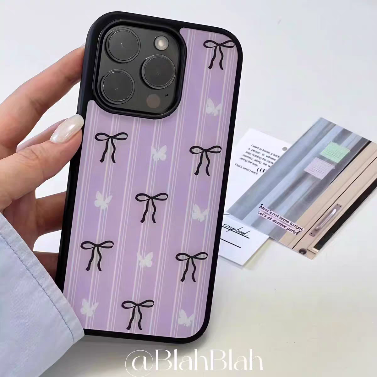 原创紫色条纹蝴蝶结i适用iphone16Promax黑边手机壳15pro新款苹果小米141312三星11硅胶16plus防摔14pro华为