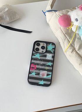 韩ins灰色条纹古早星星黑边磁吸适用苹果iPhone17promax手机壳1615pro小米1415Pro华为mate60p70三星S23防摔