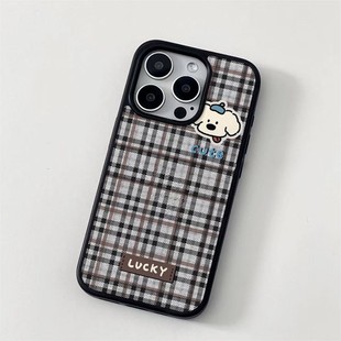 ins复古格纹狗狗黑边磁吸适用苹果iPhone17promax16手机壳1312pro小米1415Pro华为mate60p70三星S23防摔软壳