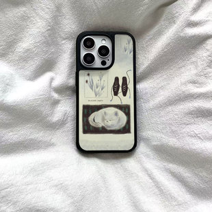 ins风艺术小猫黑边软壳磁吸适用苹果小米iPhone17promax手机壳1613pro小米1415Pro华为mate60p70三星S23防摔
