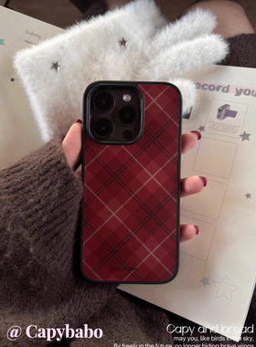 原创红色菱形格纹亚克力黑边磁吸适用苹果iPhone16promax手机壳1315pro小米14Pro华为mate60p70三星S23防摔