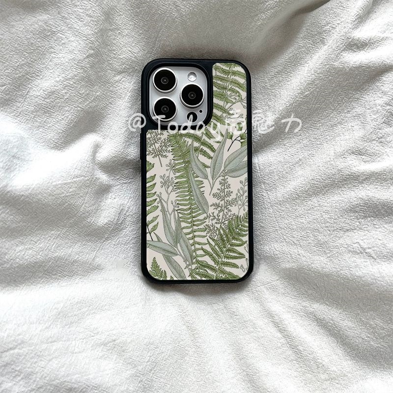 复古绿色蕨植物亚克力黑边磁吸适用苹果iPhone16promax手机壳1312pro小米1415Pro华为mate60p70三星S23防摔
