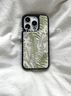 复古绿色蕨植物亚克力黑边磁吸适用苹果iPhone16promax手机壳1312pro小米1415Pro华为mate60p70三星S23防摔
