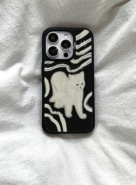 ins条纹猫咪原创亚克力黑边磁吸适用苹果iPhone16promax手机壳131512pro小米14Pro华为mate60p70三星S23防摔