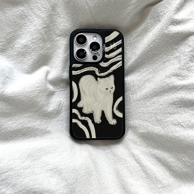 ins条纹猫咪原创亚克力黑边磁吸适用苹果iPhone16promax手机壳131512pro小米14Pro华为mate60p70三星S23防摔