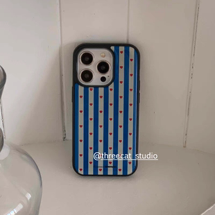 ins个性 蓝黄条纹爱心亚克力黑边适用苹果iPhone16promax手机壳1312pro小米1415Pro华为mate60p70三星S23防摔