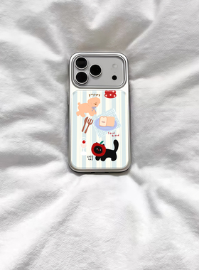 条纹可爱下午茶小猫咪电镀银磁吸适用苹果iPhone17promax手机壳1615pro小米1415Pro华为mate60p70三星S23防摔