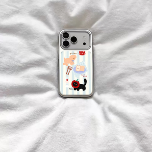 条纹可爱下午茶小猫咪电镀银磁吸适用苹果iPhone17promax手机壳1615pro小米1415Pro华为mate60p70三星S23防摔
