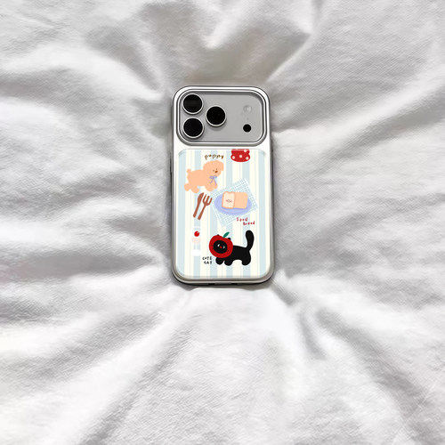条纹可爱下午茶小猫咪电镀银磁吸适用苹果iPhone17promax手机壳1615pro小米1415Pro华为mate60p70三星S23防摔