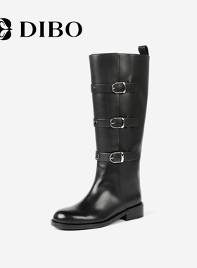 DIBO碲铂商场同款真皮复古长靴2025年秋季新款百搭骑士靴高筒靴女