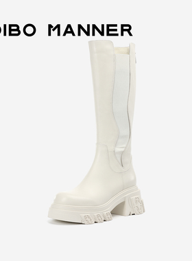 【火焰浮雕系列】DIBO碲铂真皮纯色拼接切尔西靴女烟筒靴厚底长靴