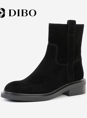DIBO碲铂百搭英伦平底短靴女2025秋冬新款时装靴黑色显瘦短筒靴女