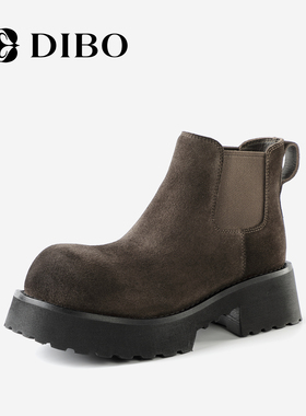 DIBO碲铂商场同款增高厚底短靴2025年冬季真皮复古加绒切尔西靴女