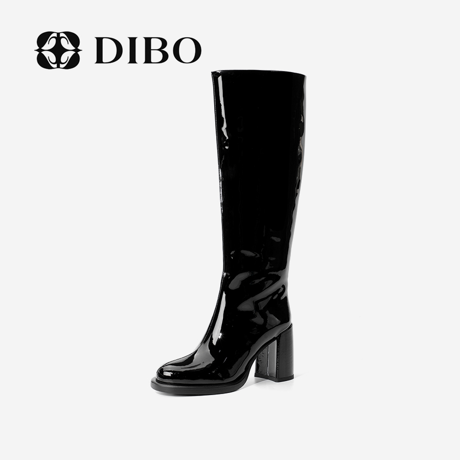 DIBO碲铂商场同款2024秋季新款高跟气质纯色牛漆皮长筒靴女高筒靴