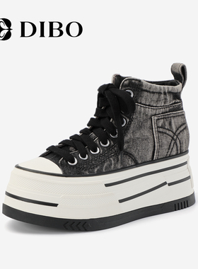 DIBO碲铂新款增高厚底板鞋女2025年秋季复古牛仔百搭高帮休闲鞋女