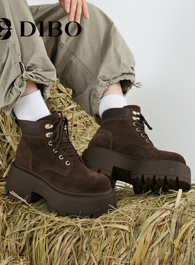 DIBO碲铂加绒马丁靴女2025年冬季新款百搭增高厚底真皮工装短靴女