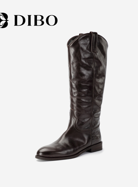 DIBO碲铂2025年秋季百搭复古西部骑士靴黑色女显瘦高筒真皮长靴