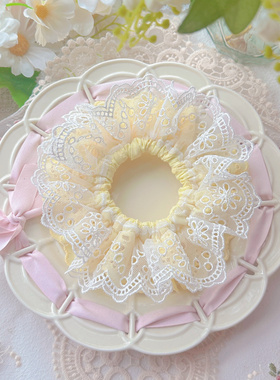 黄色宫廷风双层蕾丝重工花朵花环发圈丸子头发圈